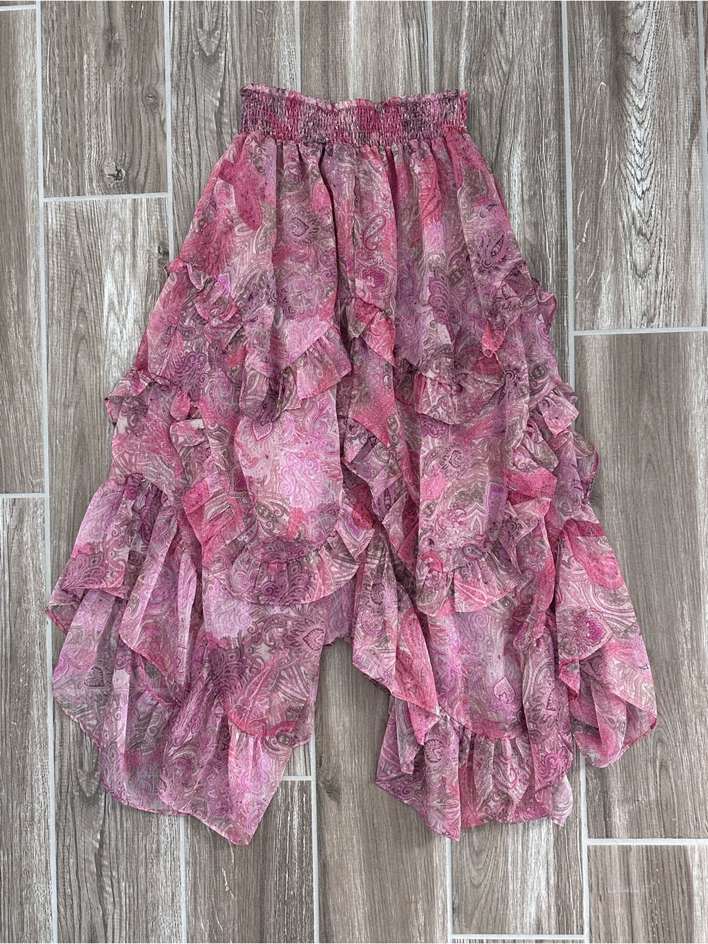 Misa Los Angeles Pink Paisley High-Low Ruffle Skirt